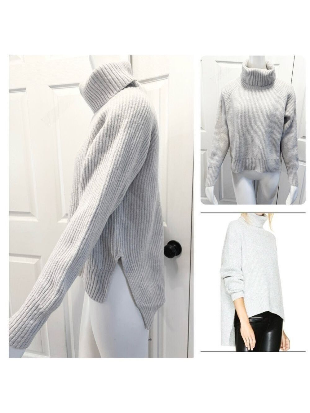 Aritzia Wilfred Free Lin Sweater Grey High Low Hem Merino Wool Turtleneck Large